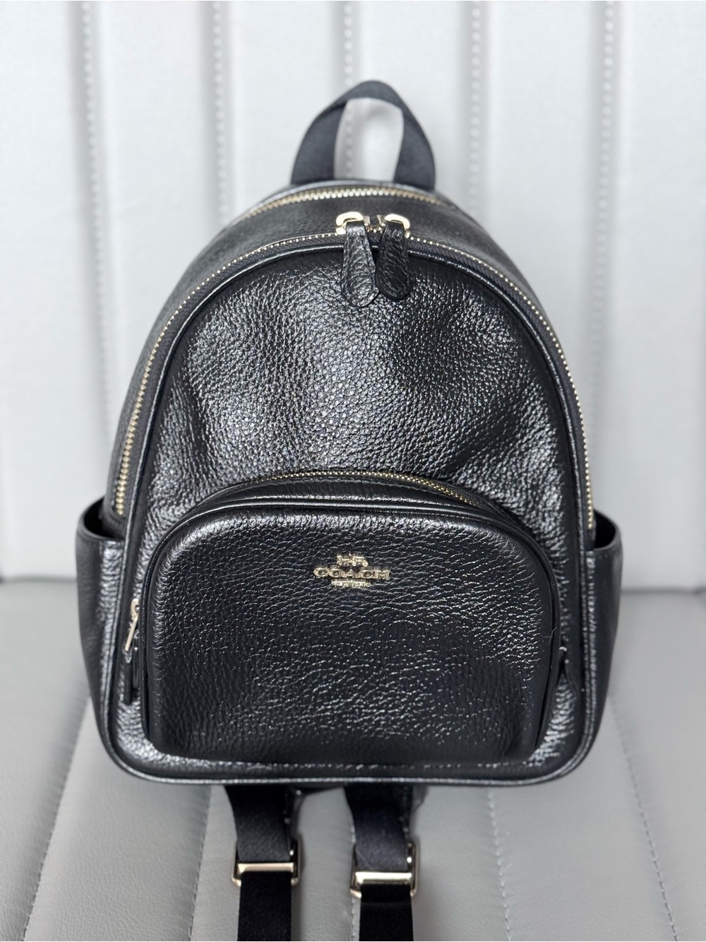 Coach NWOT Black Pebbled Leather Mini Court Backpack with Gold Hardware